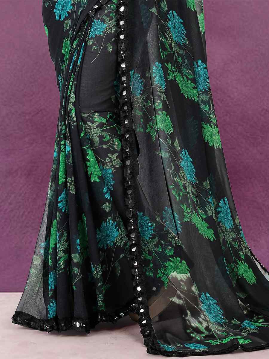 Black Georgette Printed Casual Party Contemporary Saree