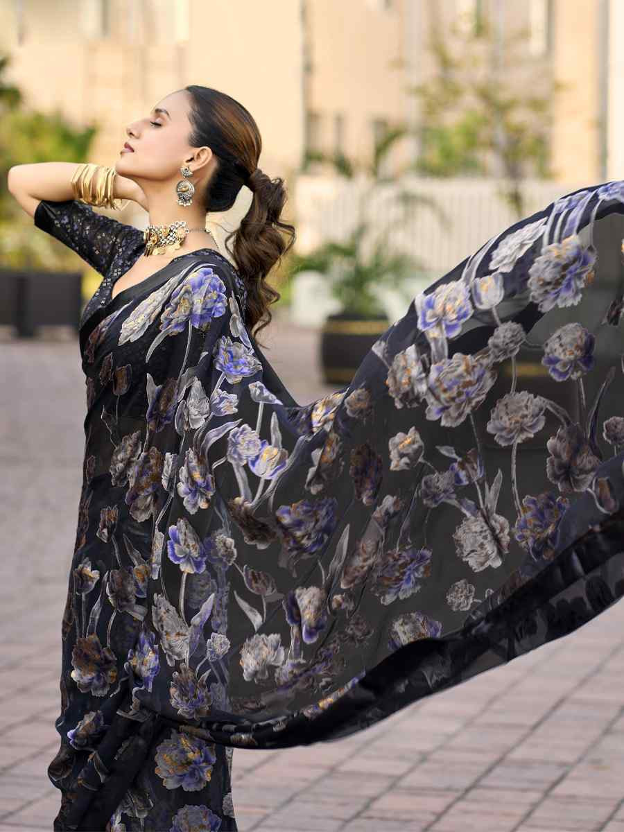 Black Georgette Printed Casual Reception Festival Wedding Fancy Heavy Border Saree