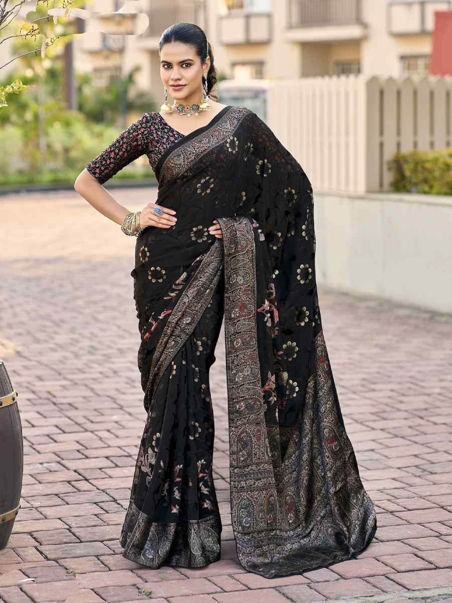 Black Georgette Printed Casual Reception Festival Wedding Fancy Heavy Border Saree