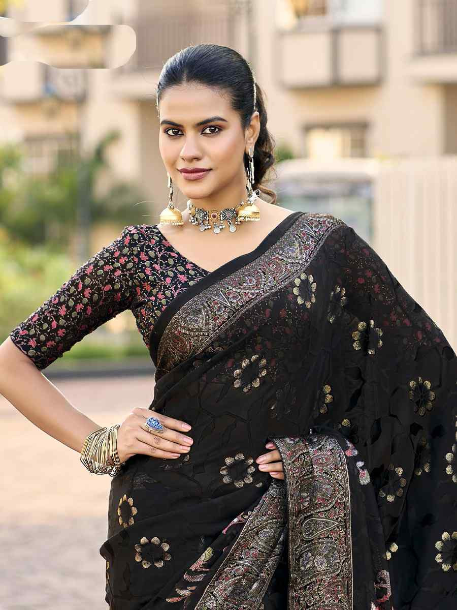 Black Georgette Printed Casual Reception Festival Wedding Fancy Heavy Border Saree