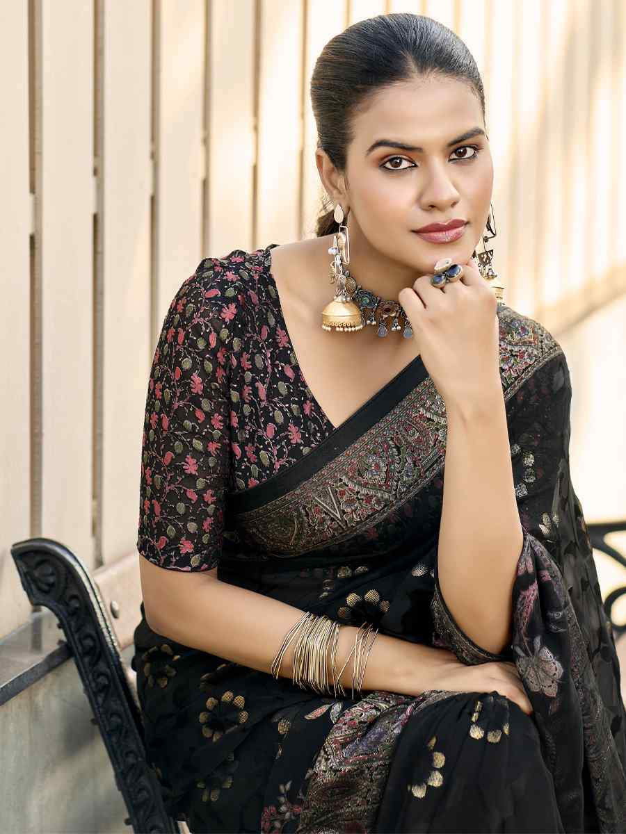 Black Georgette Printed Casual Reception Festival Wedding Fancy Heavy Border Saree