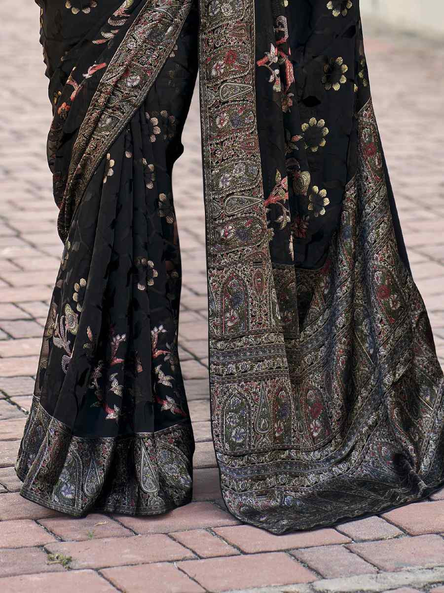 Black Georgette Printed Casual Reception Festival Wedding Fancy Heavy Border Saree