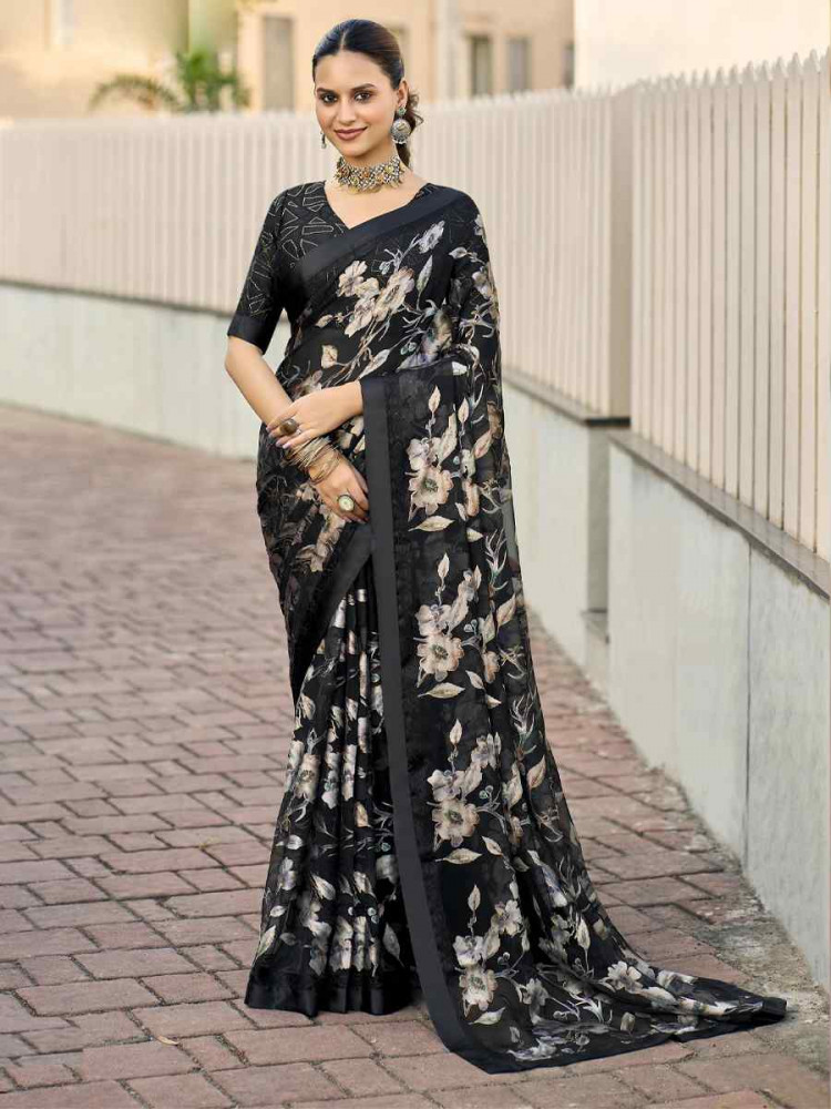 Image of Black Georgette Printed Casual Reception Festival Wedding Fancy Heavy Border Saree