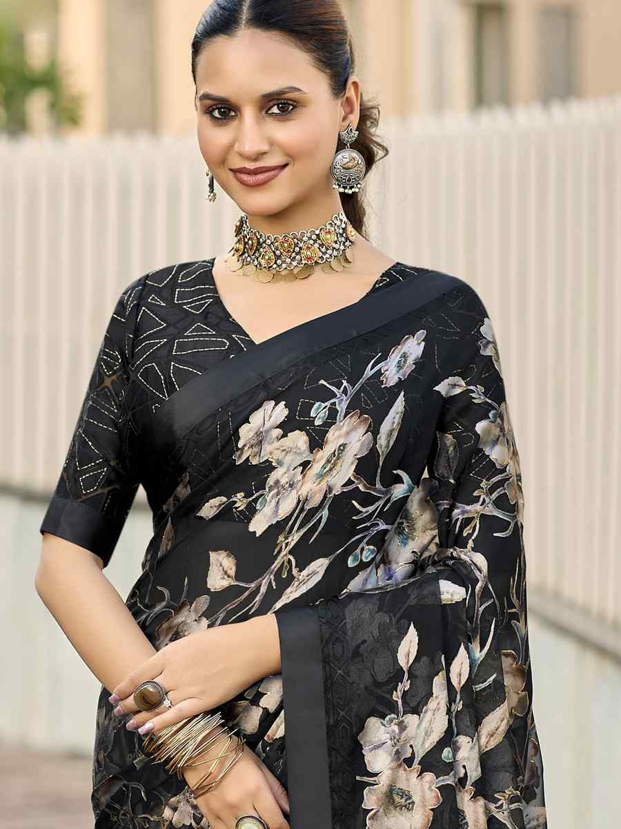 Black Georgette Printed Casual Reception Festival Wedding Fancy Heavy Border Saree