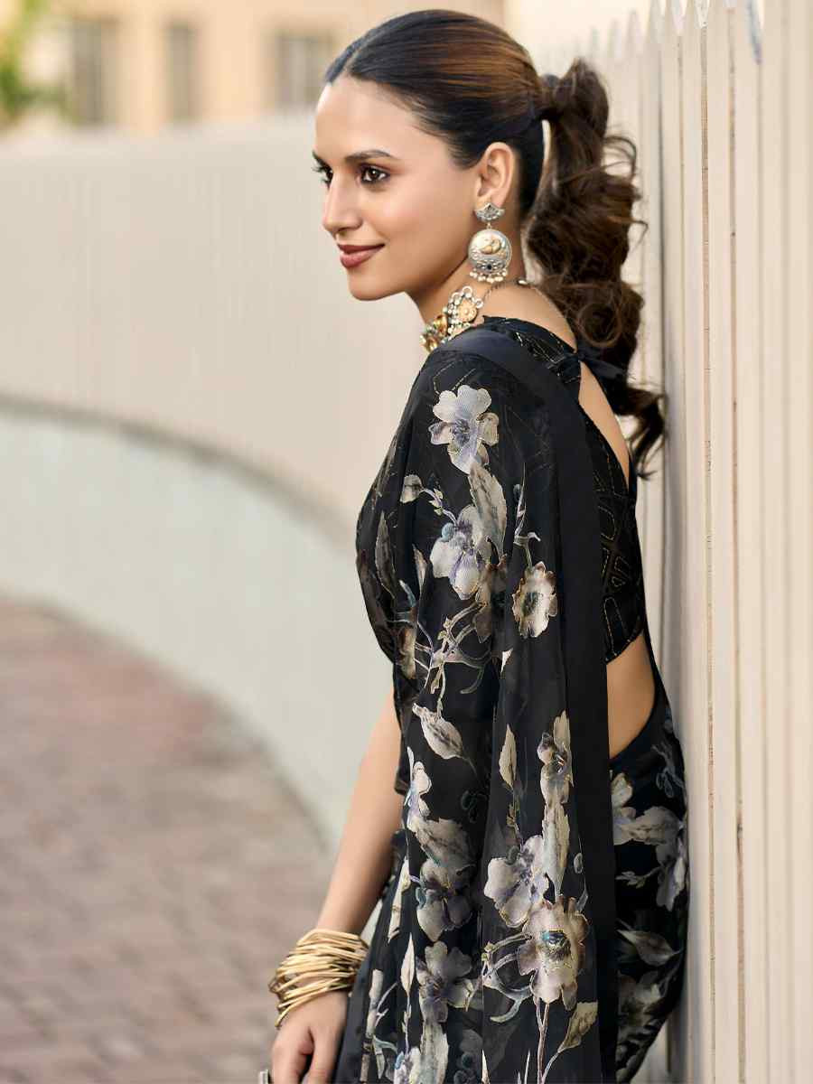 Black Georgette Printed Casual Reception Festival Wedding Fancy Heavy Border Saree