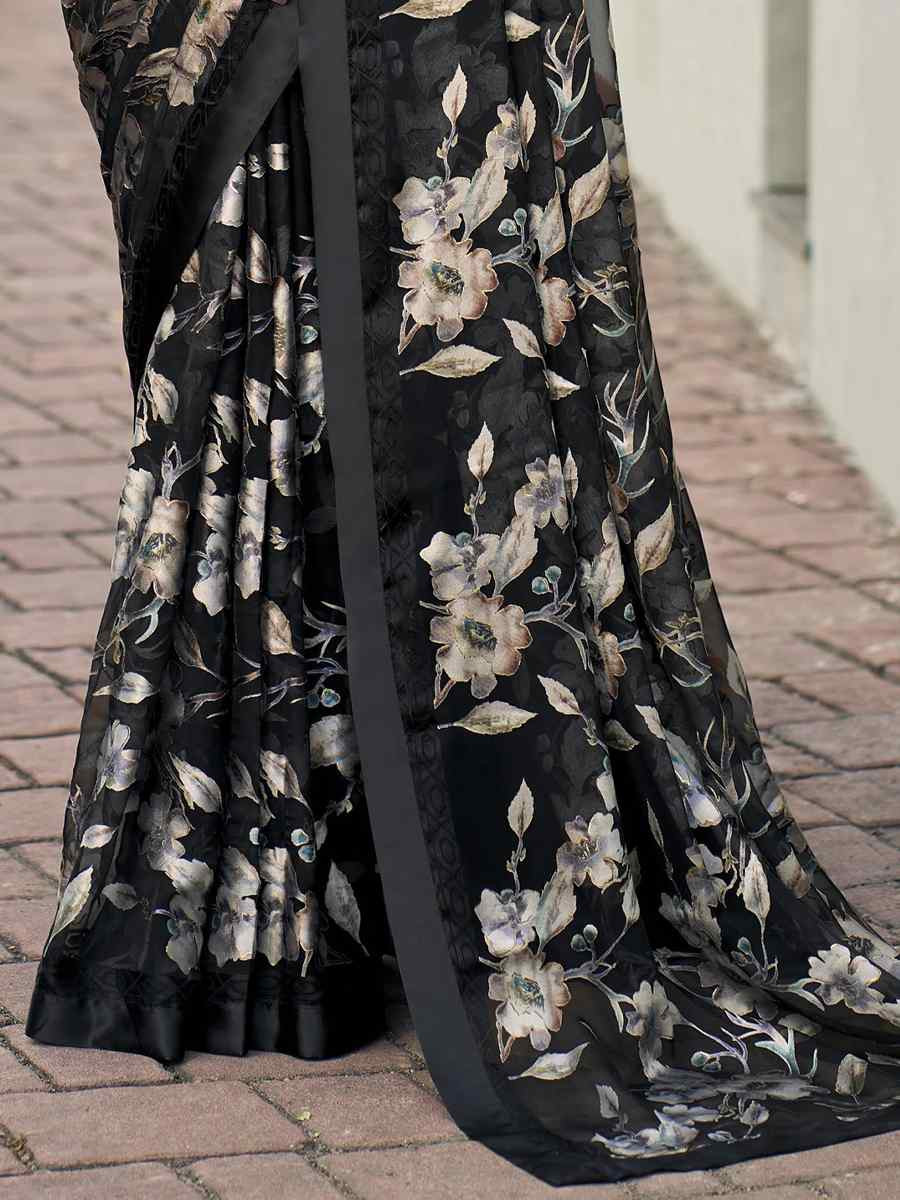 Black Georgette Printed Casual Reception Festival Wedding Fancy Heavy Border Saree
