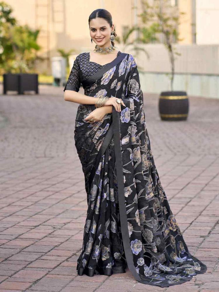 Image of Black Georgette Printed Casual Reception Festival Wedding Fancy Heavy Border Saree