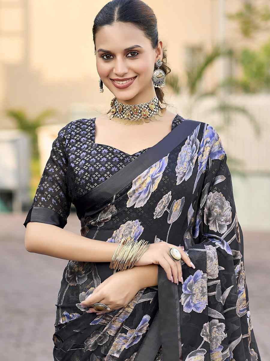 Black Georgette Printed Casual Reception Festival Wedding Fancy Heavy Border Saree