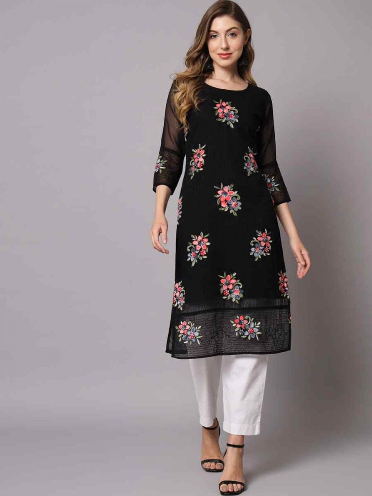 Black Georgette Printed Festival Casual Kurti