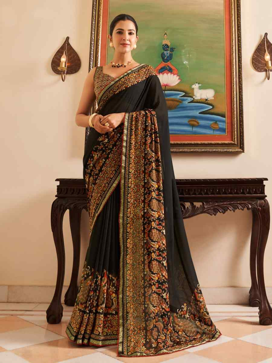 Black Georgette Printed Festival Wedding Fancy Heavy Border Saree