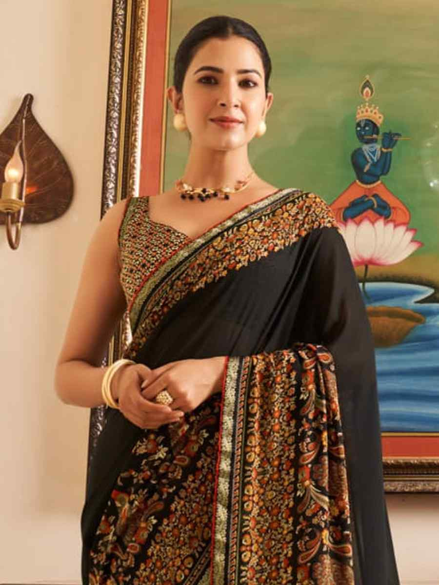 Black Georgette Printed Festival Wedding Fancy Heavy Border Saree