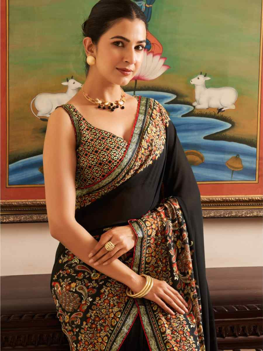 Black Georgette Printed Festival Wedding Fancy Heavy Border Saree