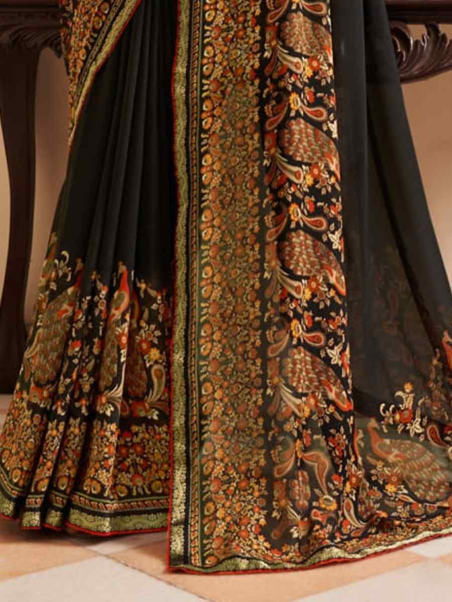 Black Georgette Printed Festival Wedding Fancy Heavy Border Saree