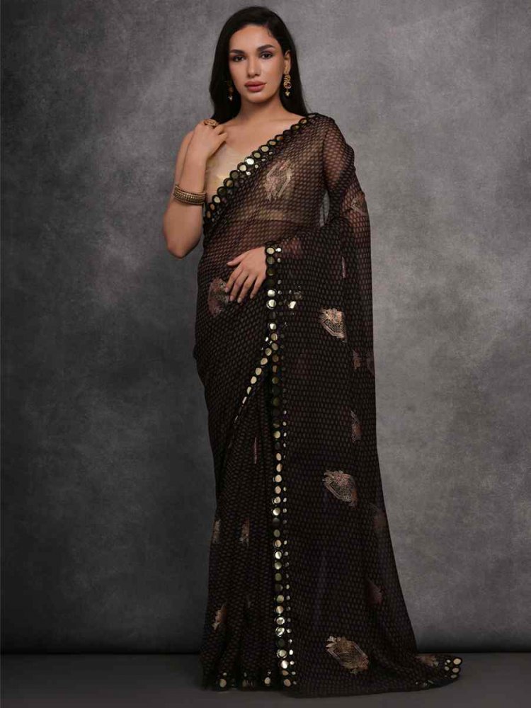 Black Georgette Printed Party Casual Classic Style Saree