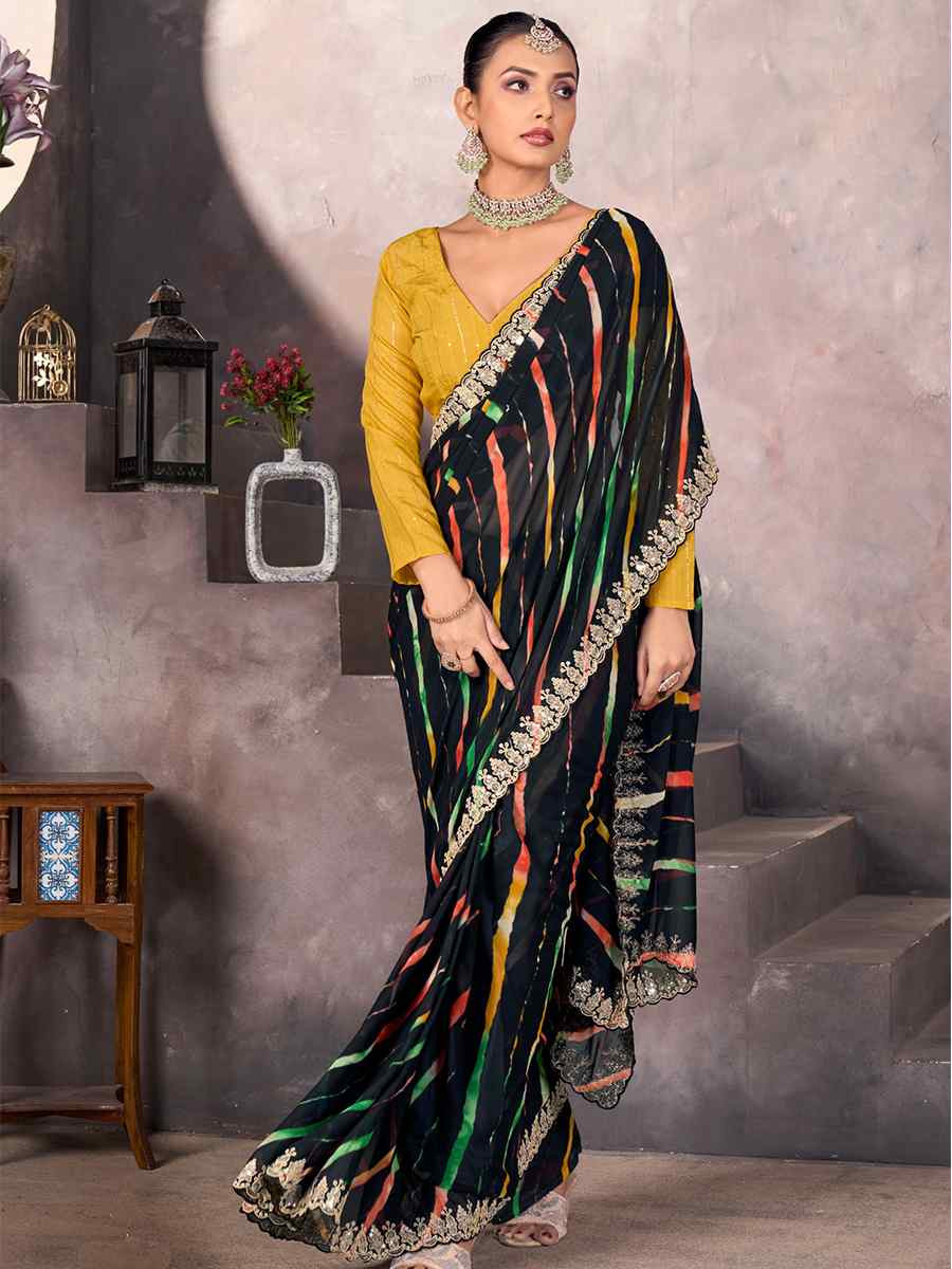 Black Georgette Printed with Embroidered Festival Wedding Fancy Heavy Border Saree