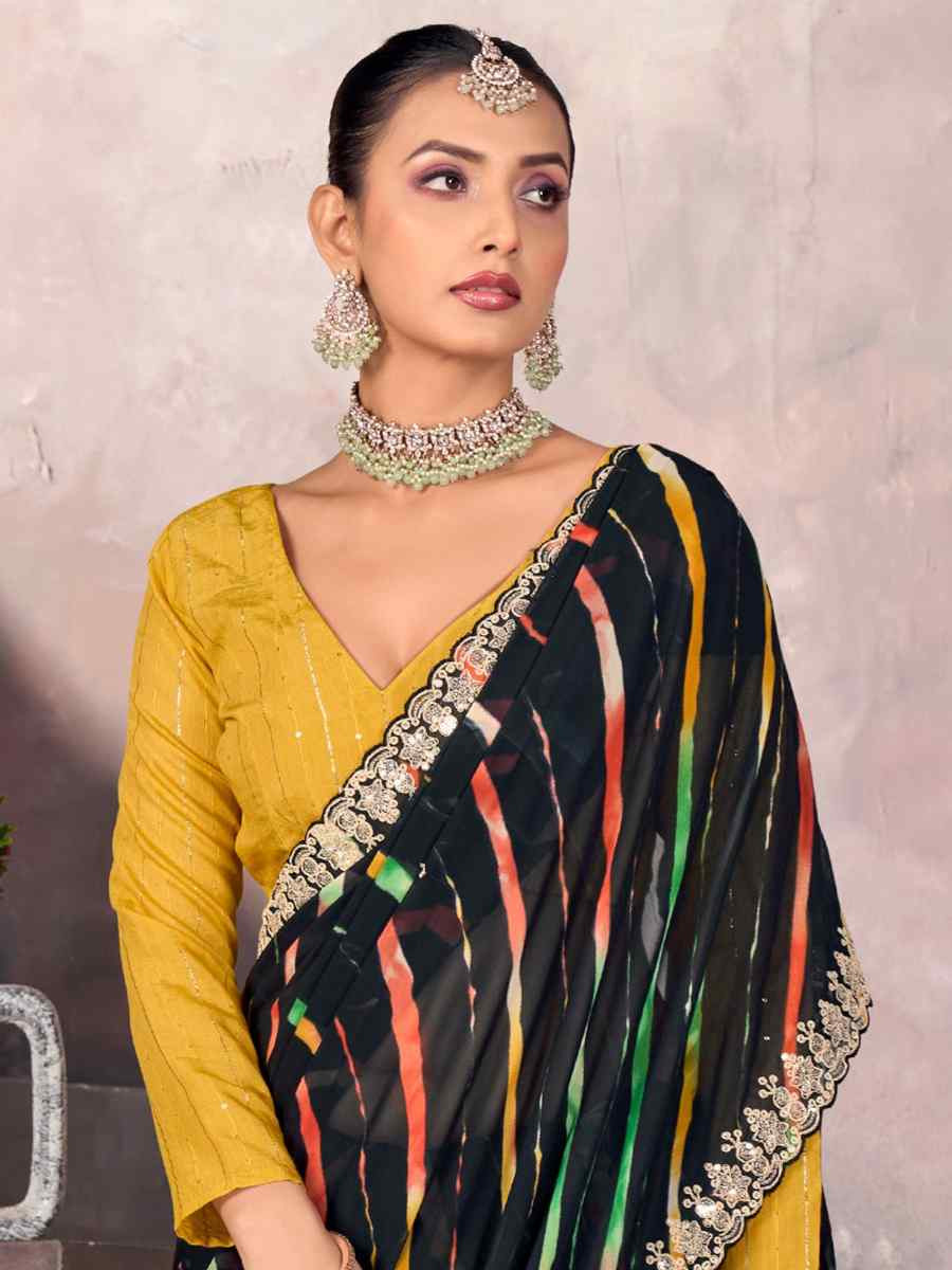 Black Georgette Printed with Embroidered Festival Wedding Fancy Heavy Border Saree