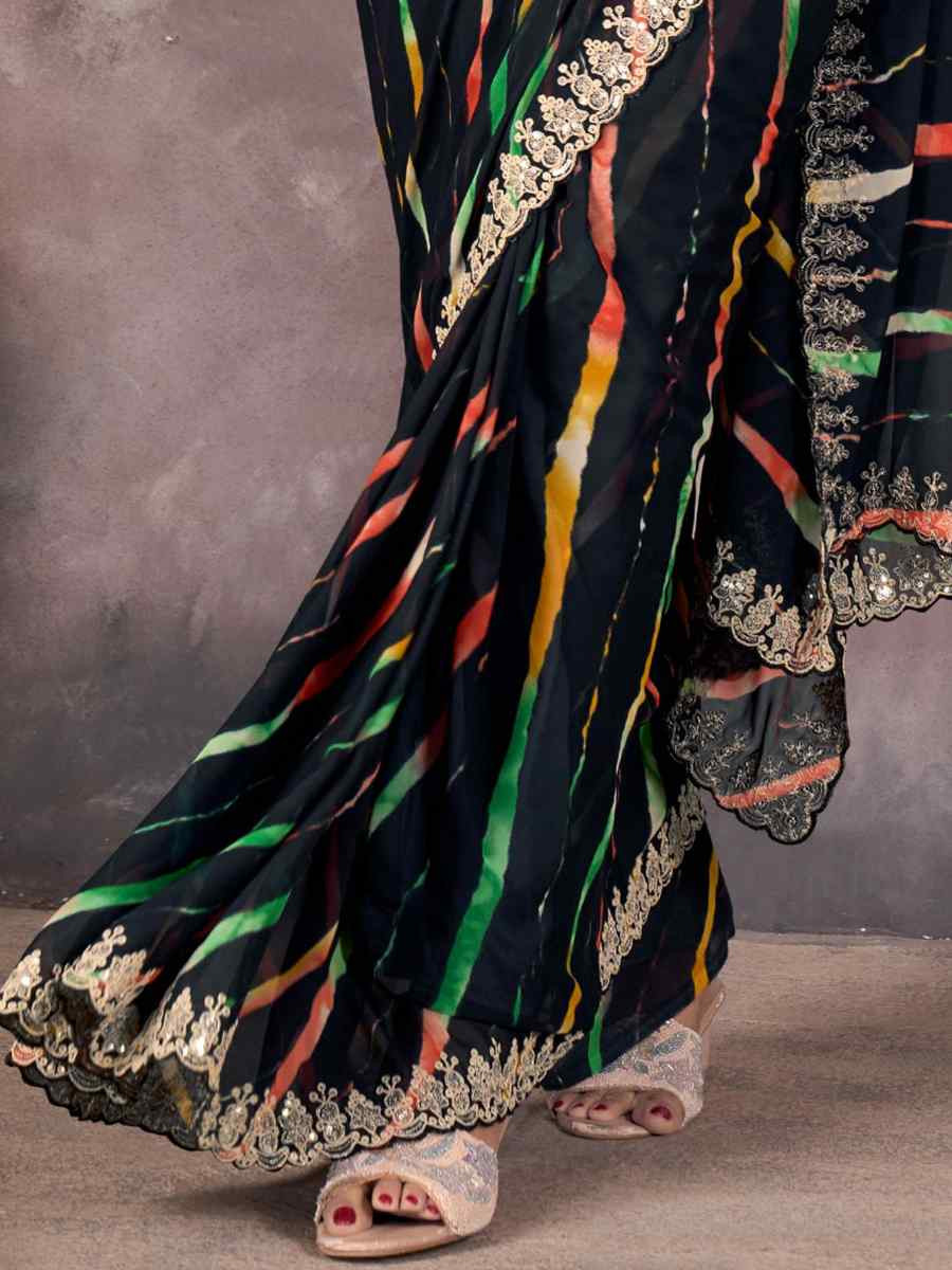 Black Georgette Printed with Embroidered Festival Wedding Fancy Heavy Border Saree