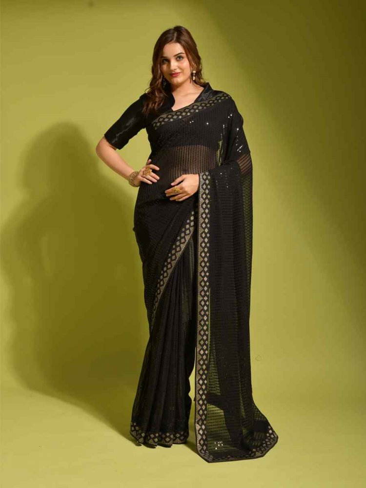 Black Georgette Sequins Cocktail Party Classic Style Saree