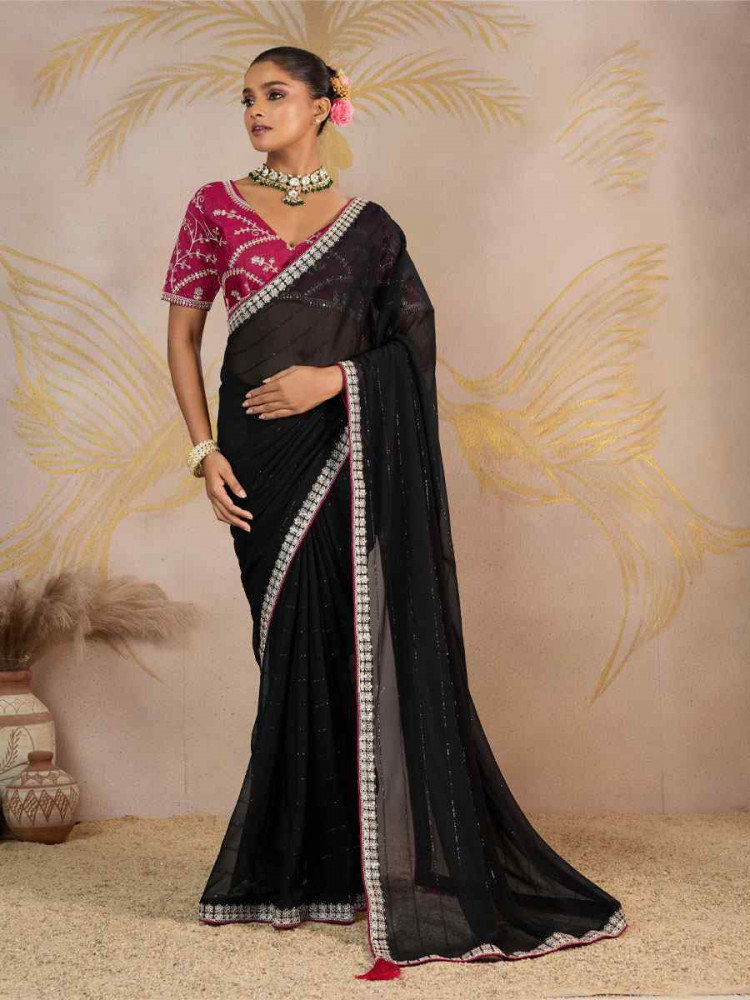 Image of Black Georgette Sequins Embroidery Party Reception Festival Wedding Fancy Classic Style Sarees