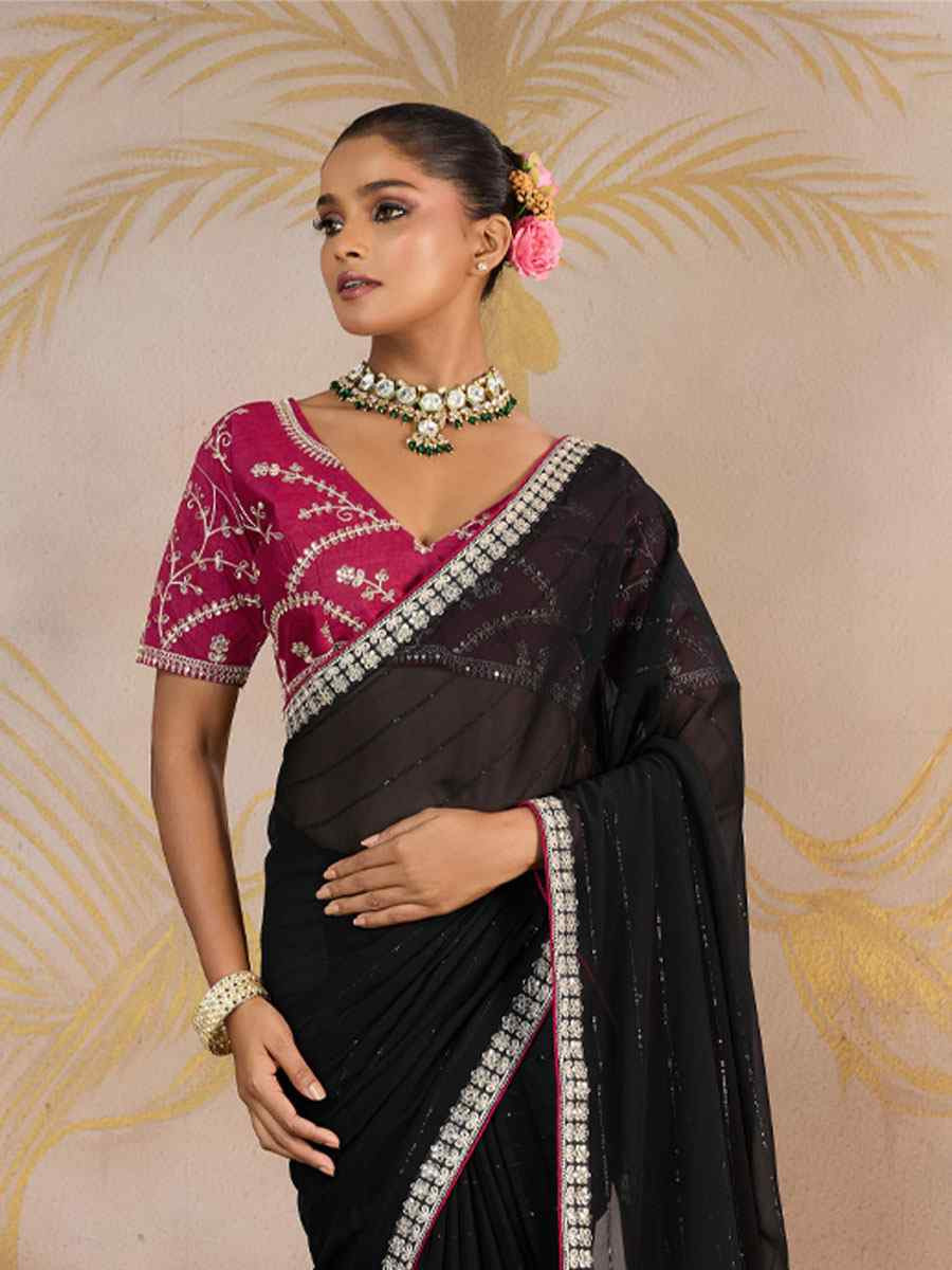 Black Georgette Sequins Embroidery Party Reception Festival Wedding Fancy Classic Style Sarees