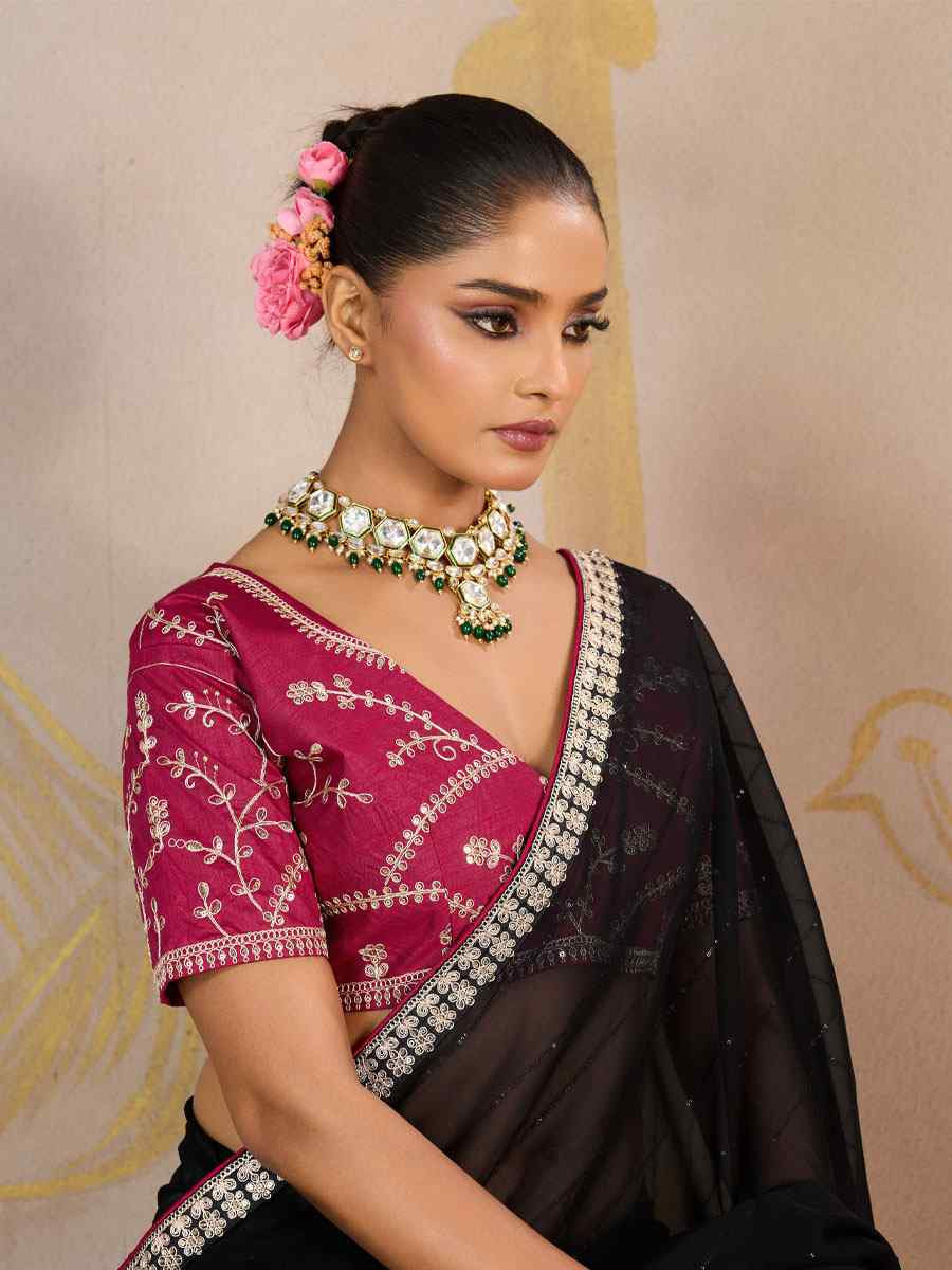 Black Georgette Sequins Embroidery Party Reception Festival Wedding Fancy Classic Style Sarees