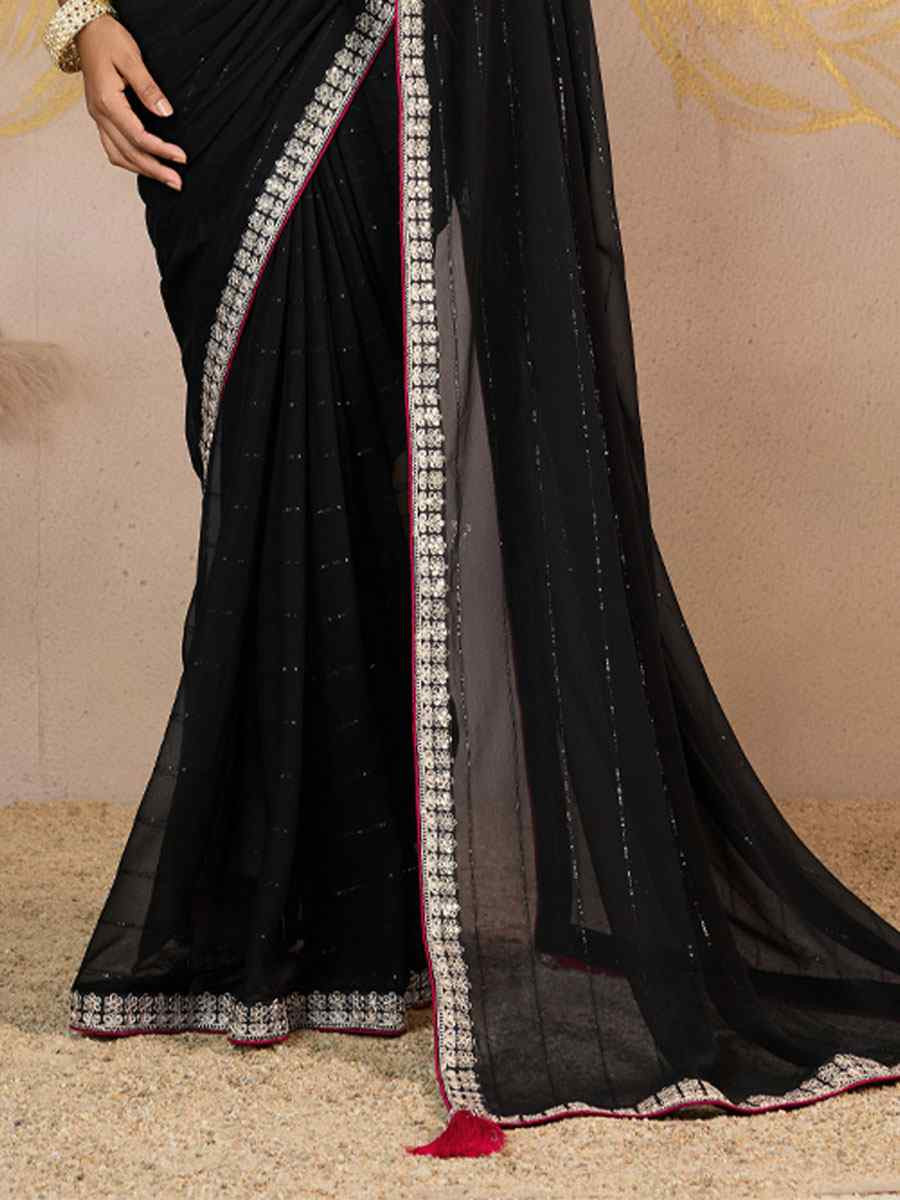 Black Georgette Sequins Embroidery Party Reception Festival Wedding Fancy Classic Style Sarees