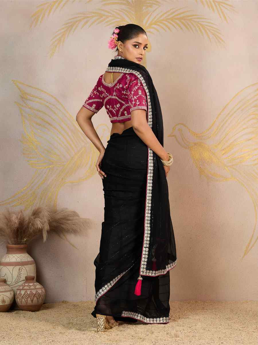 Black Georgette Sequins Embroidery Party Reception Festival Wedding Fancy Classic Style Sarees