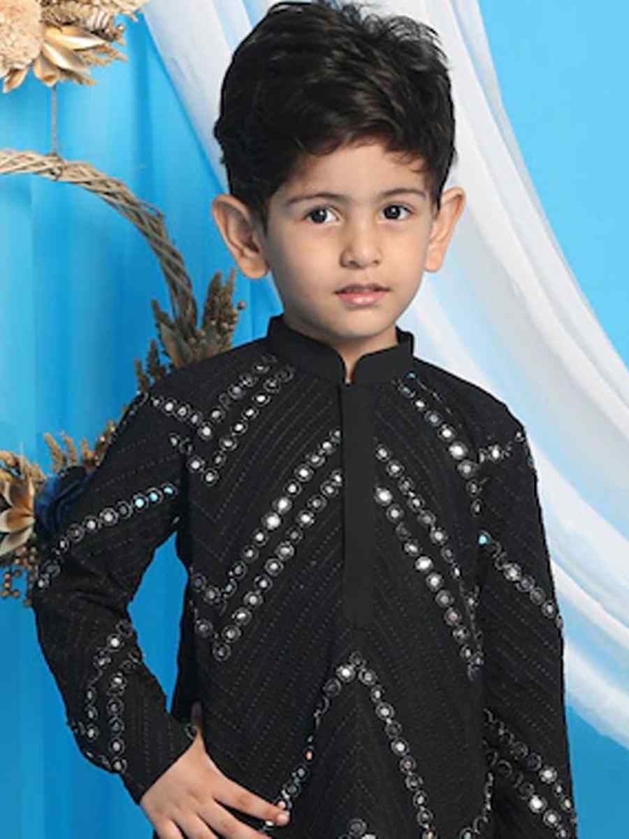 Black Georgette Sequins Festival Traditional Kurta Pyjama Boys Wear