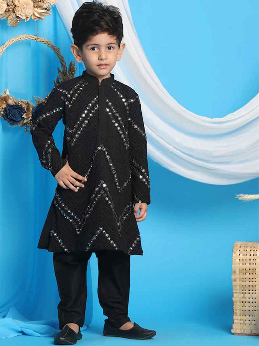 Black Georgette Sequins Festival Traditional Kurta Pyjama Boys Wear