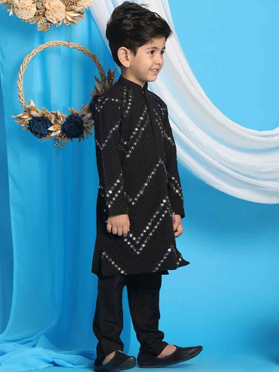 Black Georgette Sequins Festival Traditional Kurta Pyjama Boys Wear