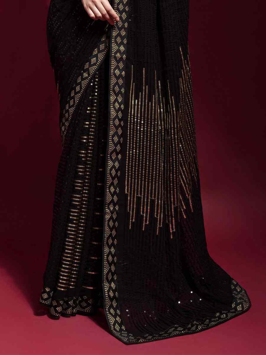 Black Georgette Sequins Party Cocktail Classic Style Saree