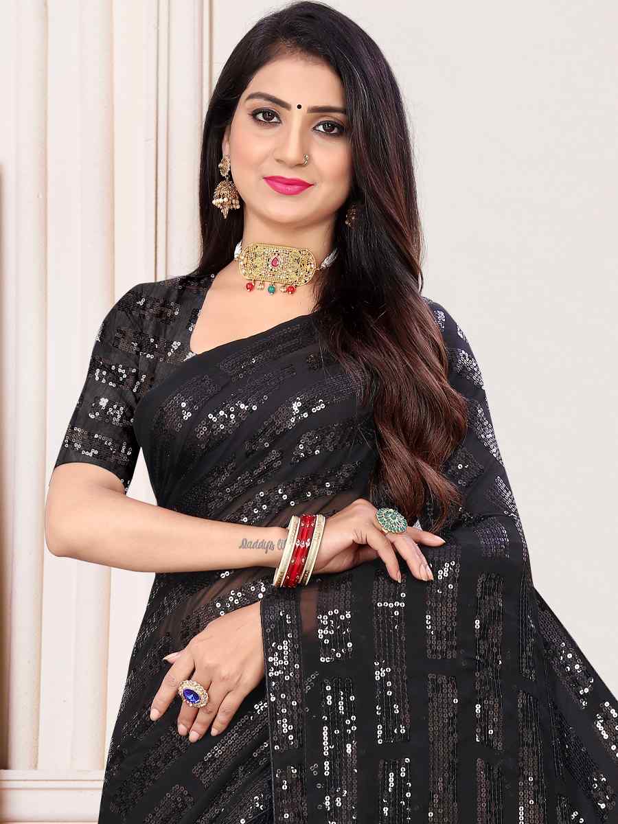 Black Georgette Sequins Party Festival Classic Style Saree