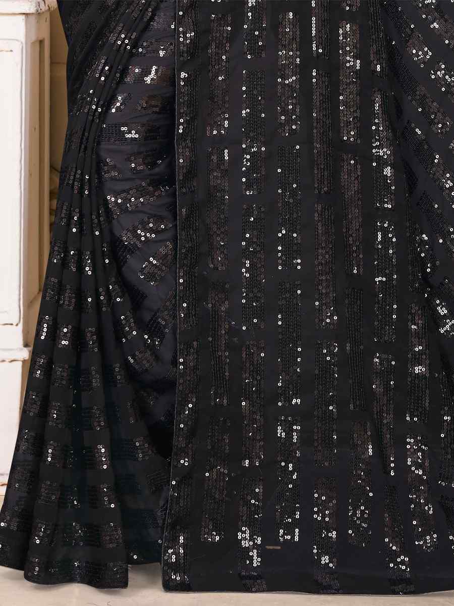 Black Georgette Sequins Party Festival Classic Style Saree