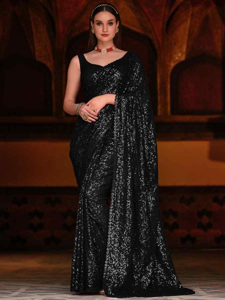 Black Georgette Sequins Party Festival Classic Style Saree
