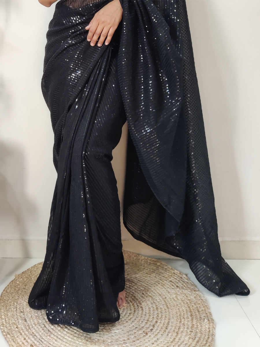 Black Georgette Sequins Party Festival Classic Style Saree