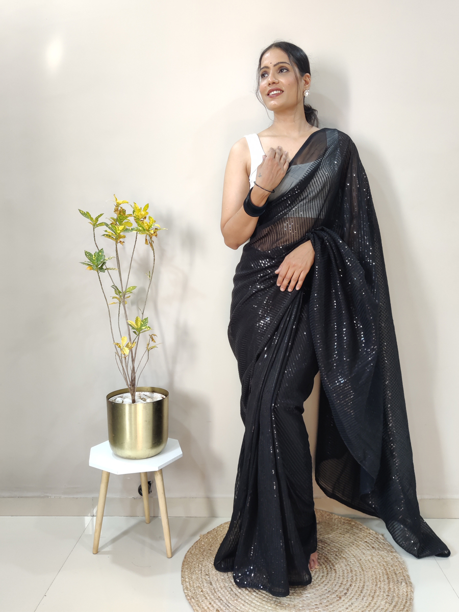 Black Georgette Sequins Party Festival Classic Style Saree