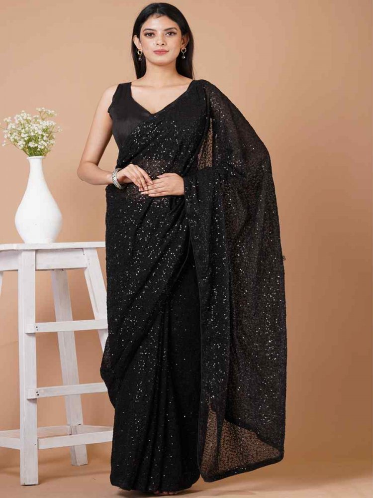 Black Georgette Sequins Party Festival Classic Style Saree