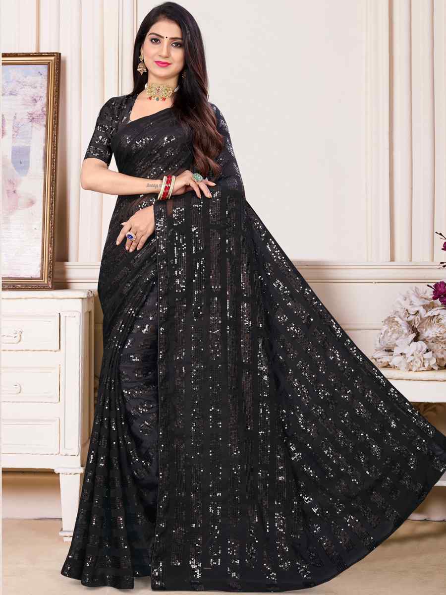 Black Georgette Sequins Party Festival Classic Style Saree