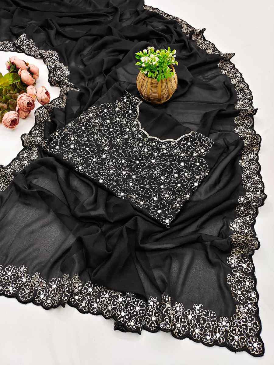 Black Georgette Silk Embroidery Traditional Casual Reception Festival Wedding Fancy Heavy Border Saree