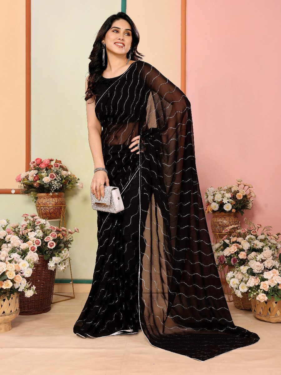 Black Georgette Traditional Wedding Reception Party Festival Casual Classic Style Sarees