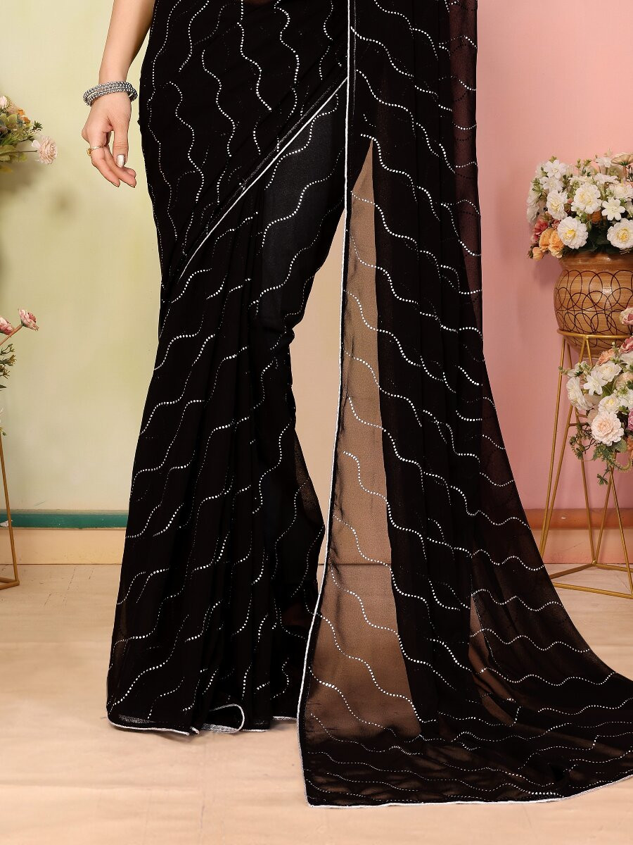 Black Georgette Traditional Wedding Reception Party Festival Casual Classic Style Sarees