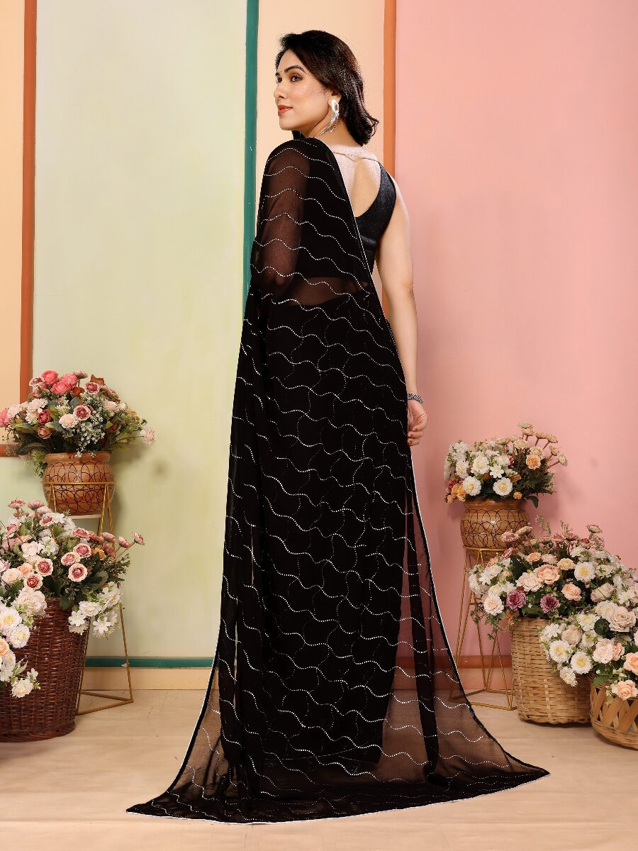 Black Georgette Traditional Wedding Reception Party Festival Casual Classic Style Sarees