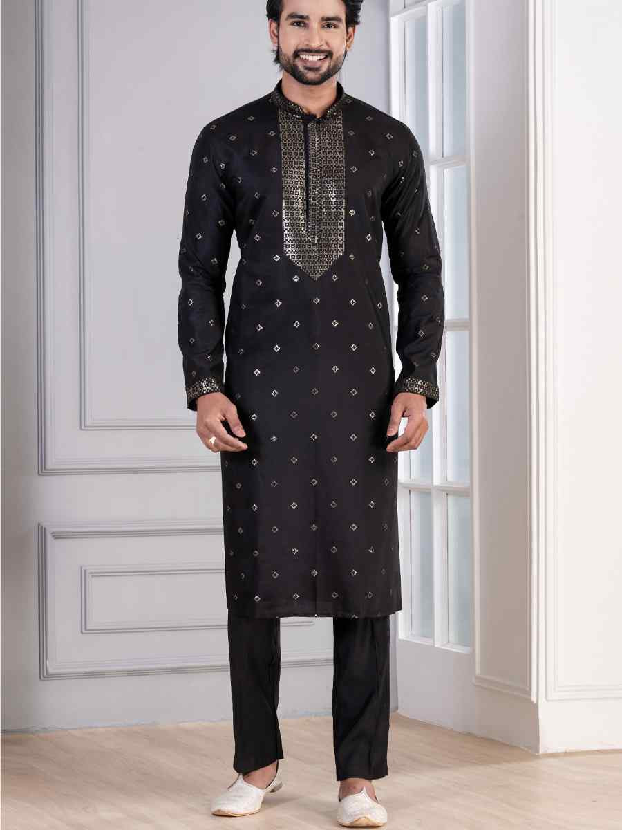 Black Glame Cotton Embroidery Festival Wedding Party Mens Kurta
