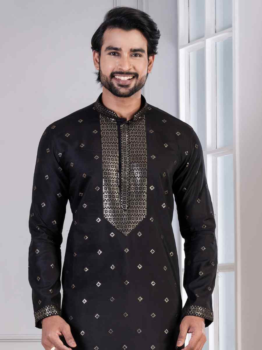 Black Glame Cotton Embroidery Festival Wedding Party Mens Kurta