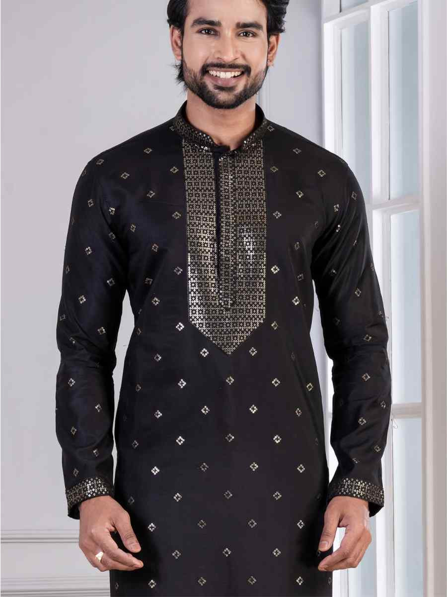 Black Glame Cotton Embroidery Festival Wedding Party Mens Kurta