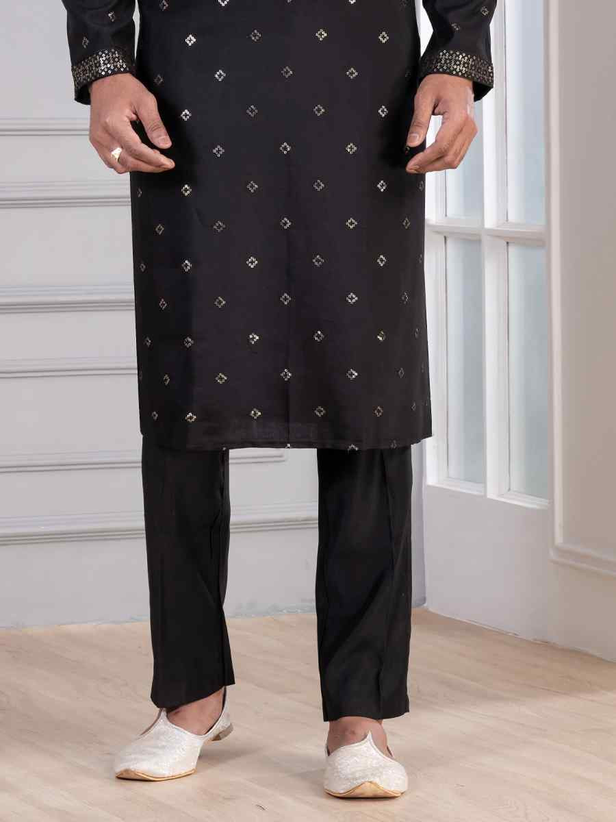 Black Glame Cotton Embroidery Festival Wedding Party Mens Kurta