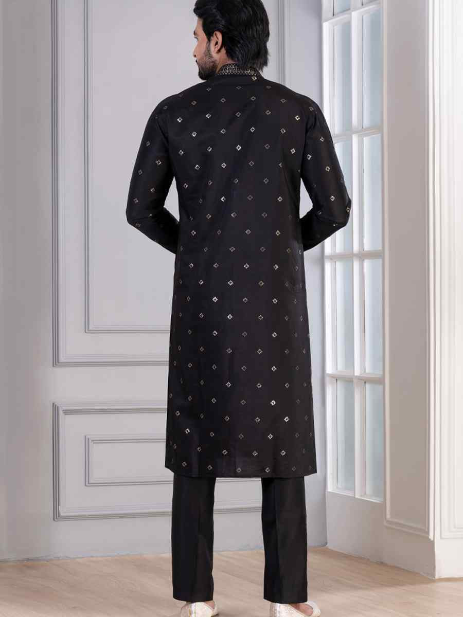 Black Glame Cotton Embroidery Festival Wedding Party Mens Kurta