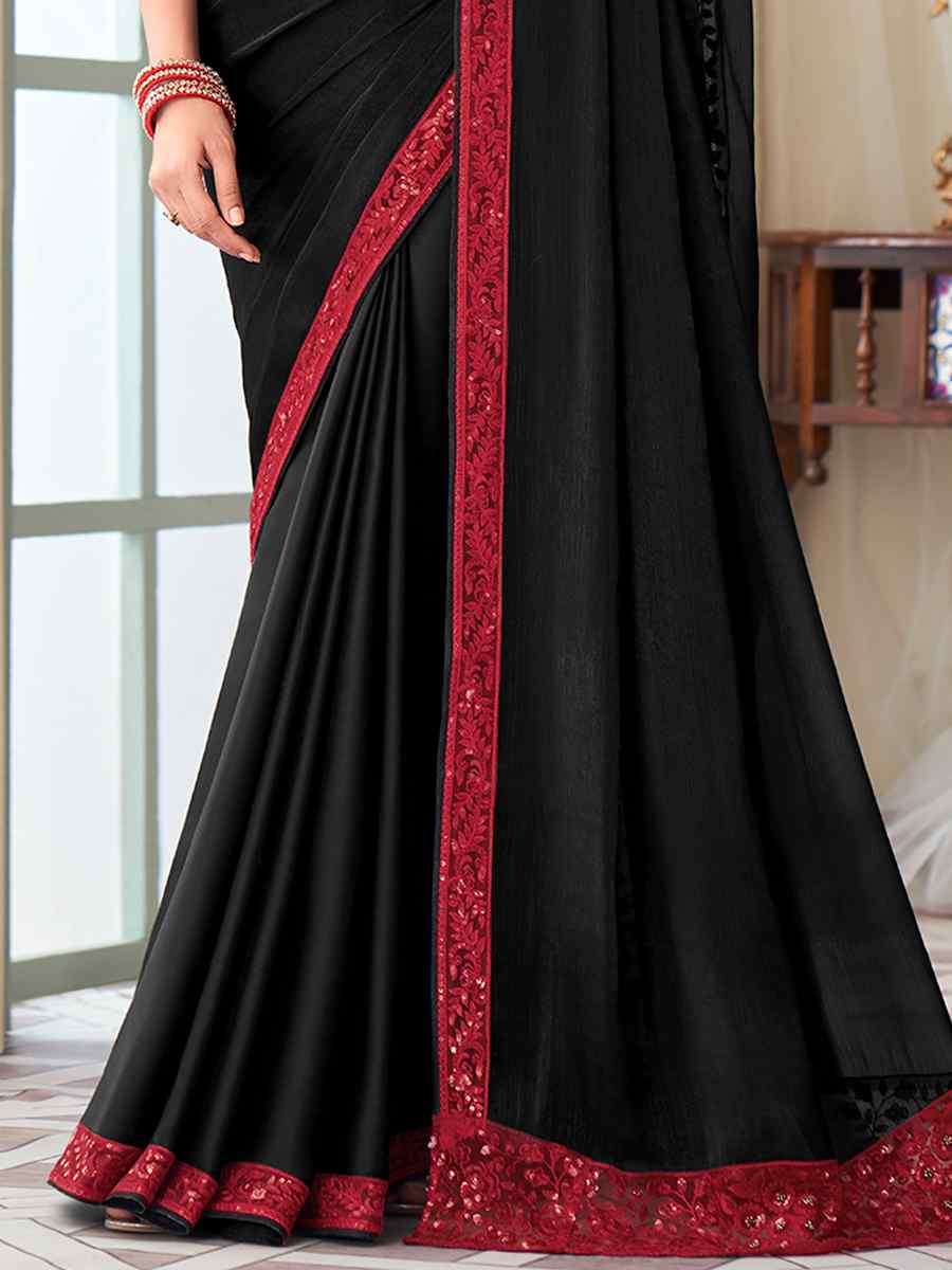 Black Glass Silk Embroidered Party Festival Heavy Border Saree