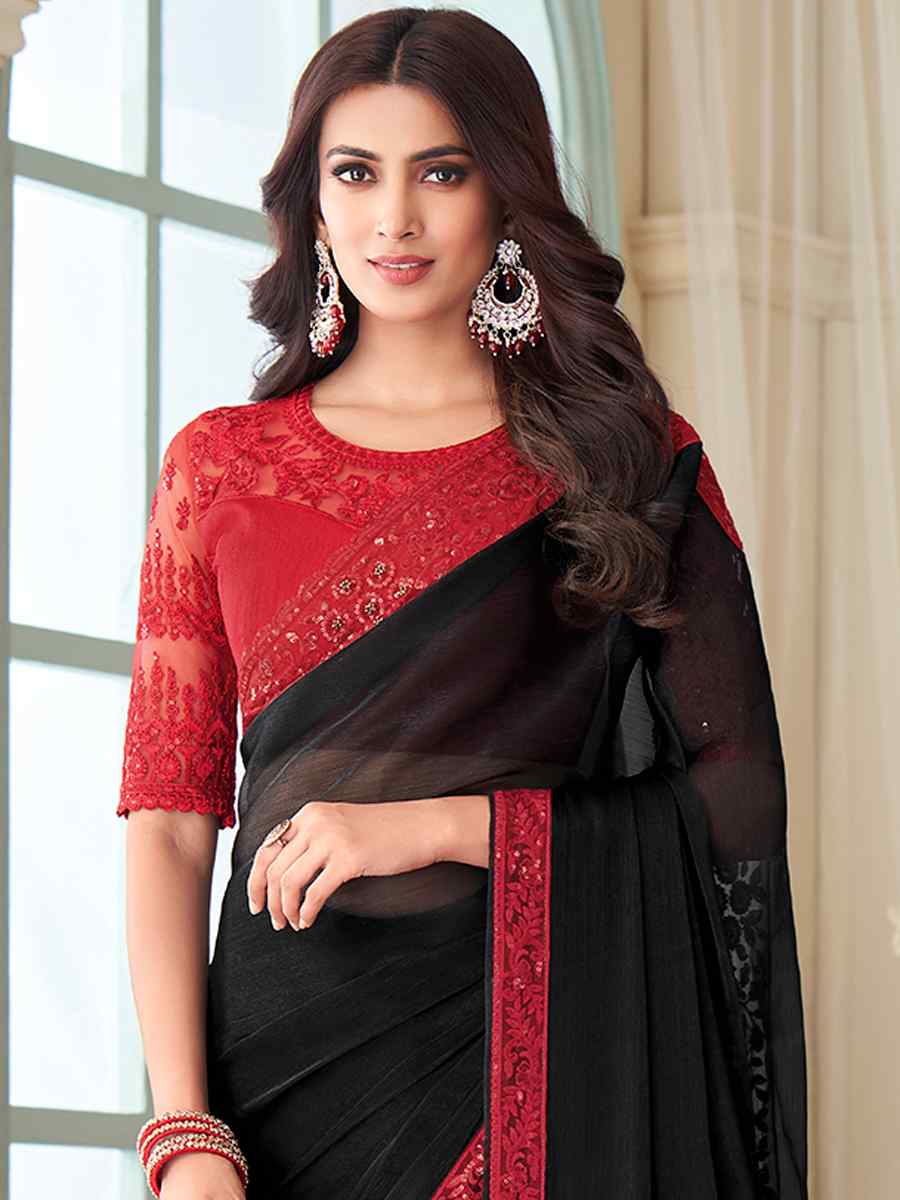 Black Glass Silk Embroidered Party Festival Heavy Border Saree