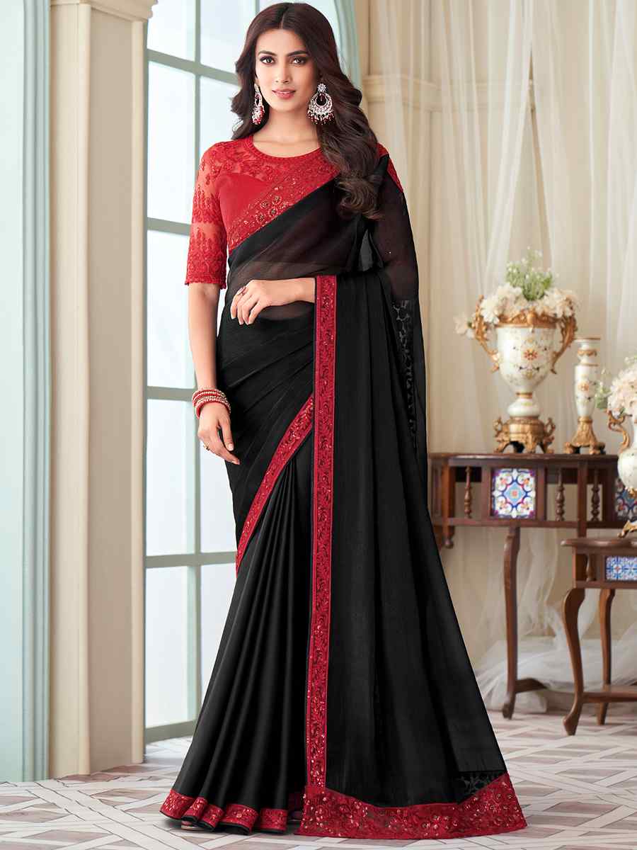 Black Glass Silk Embroidered Party Festival Heavy Border Saree